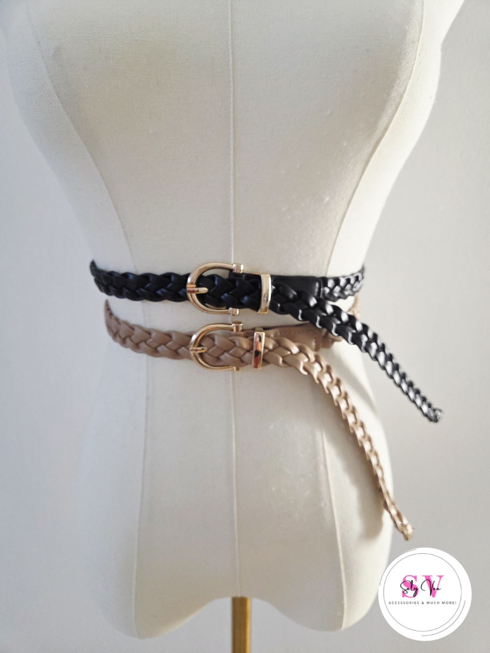 Bundle Of 2 Braided Waist Belt - Black and Beige with Gold Buckle